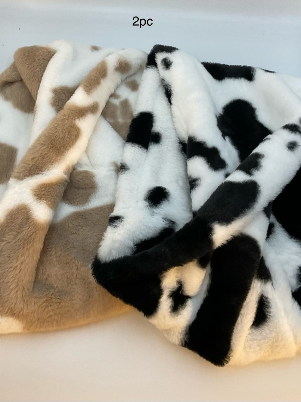 Faux Fur Cow-Print Scarf & Wrap Set - Black/White and Tan/White